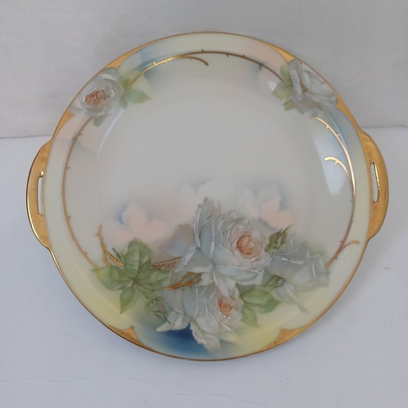 Royal Rudolstadt Hand Painted Prussia Plate White Roses Gold Trim Handles - Picture 13 of 13
